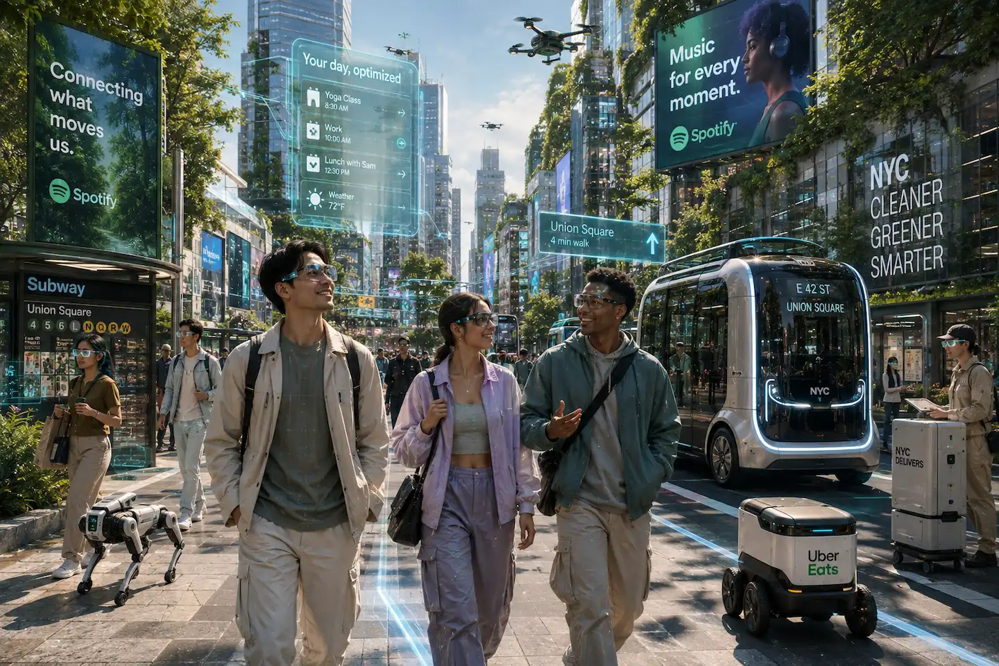 People surrounded by digital advertising boards in the future