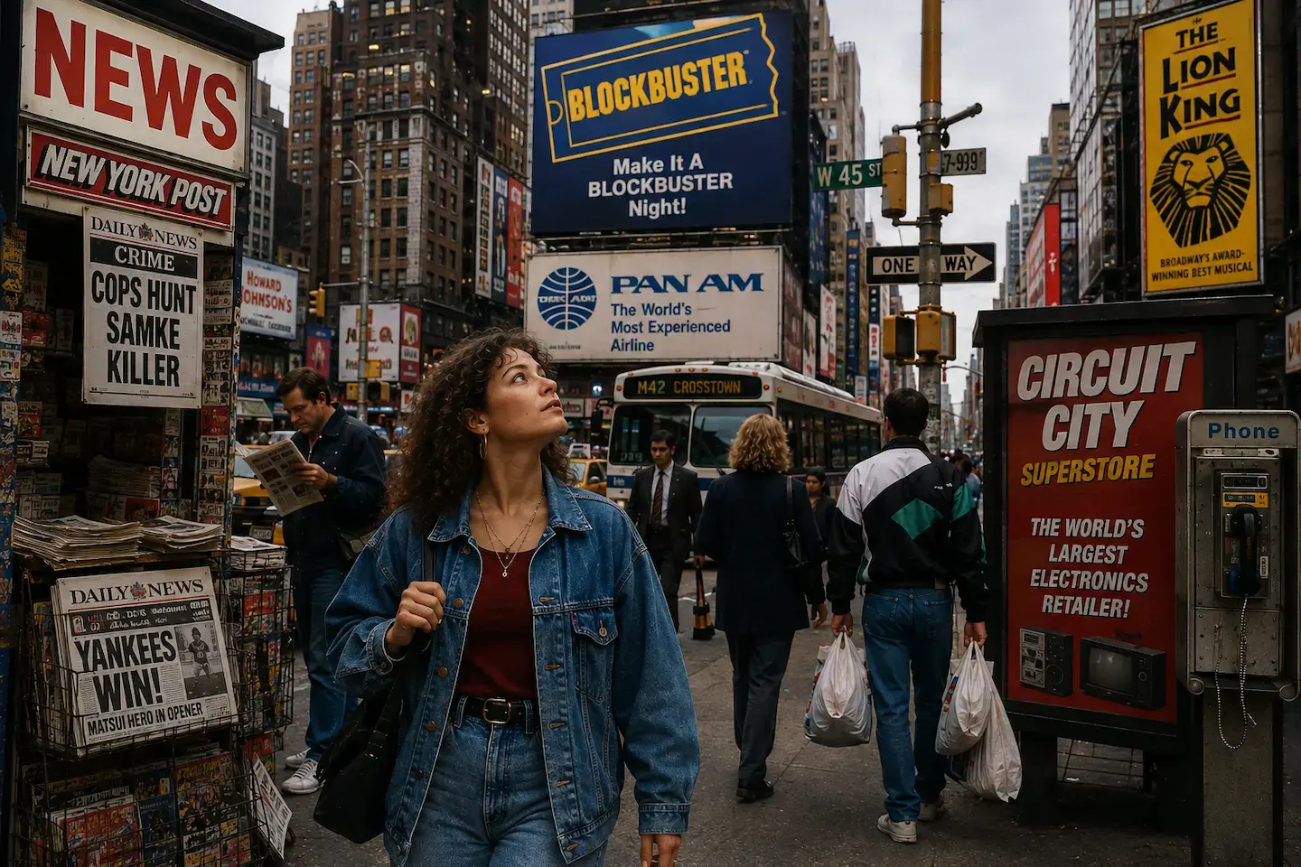 Woman looking at advertising boards in the 80s