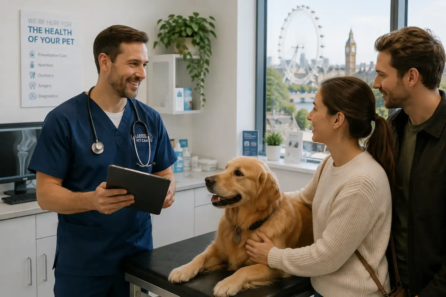 Dog at the vets with vet and owners