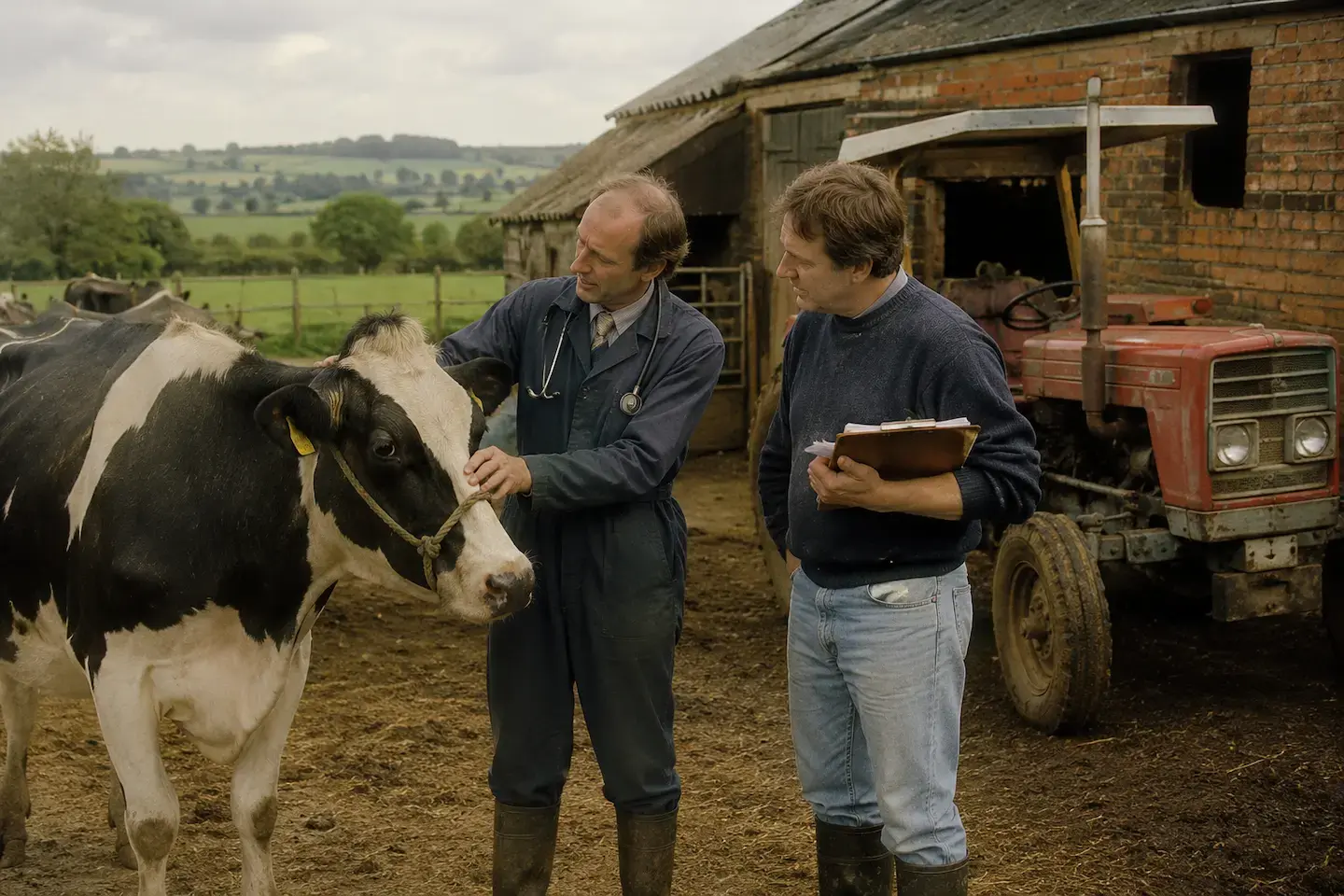2 farmers with a cow back in the olden days