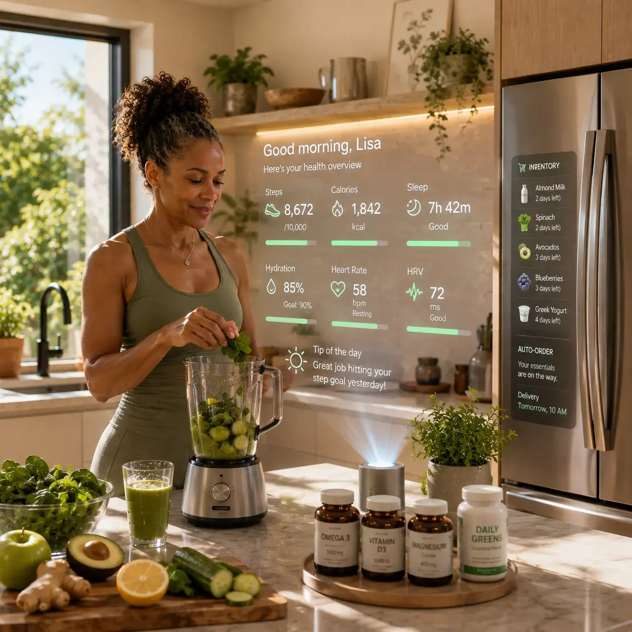 person in kitchen with whole foods and digital screen in future