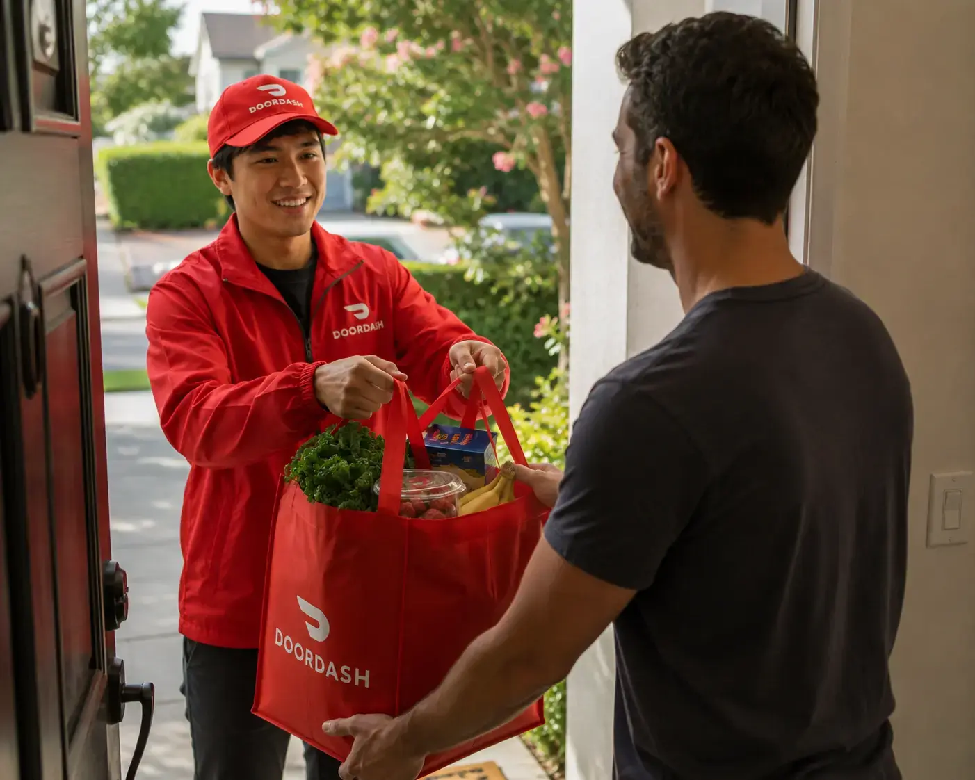 food delivery person handing order to customer at front door