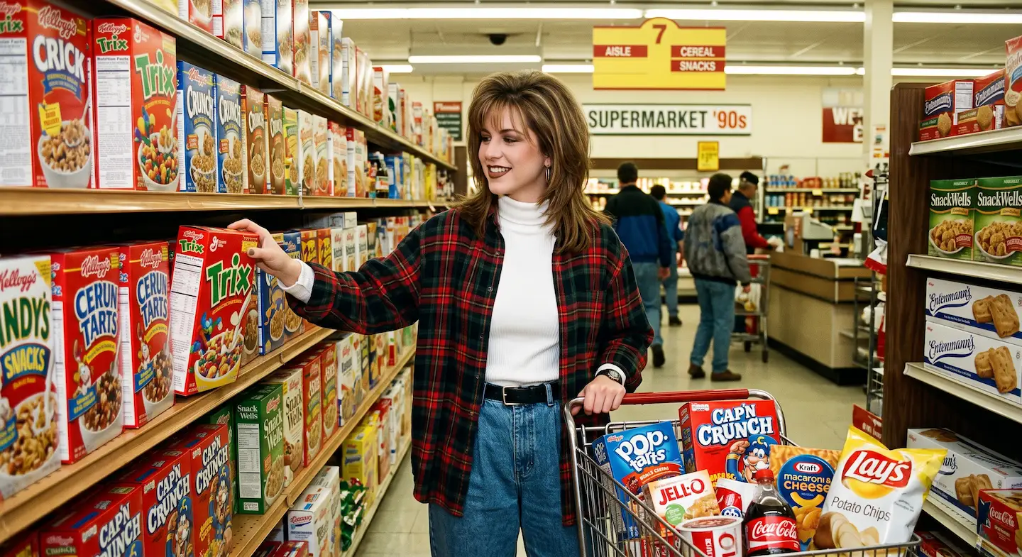 Woman shopping at supermarket in the 80s/90s