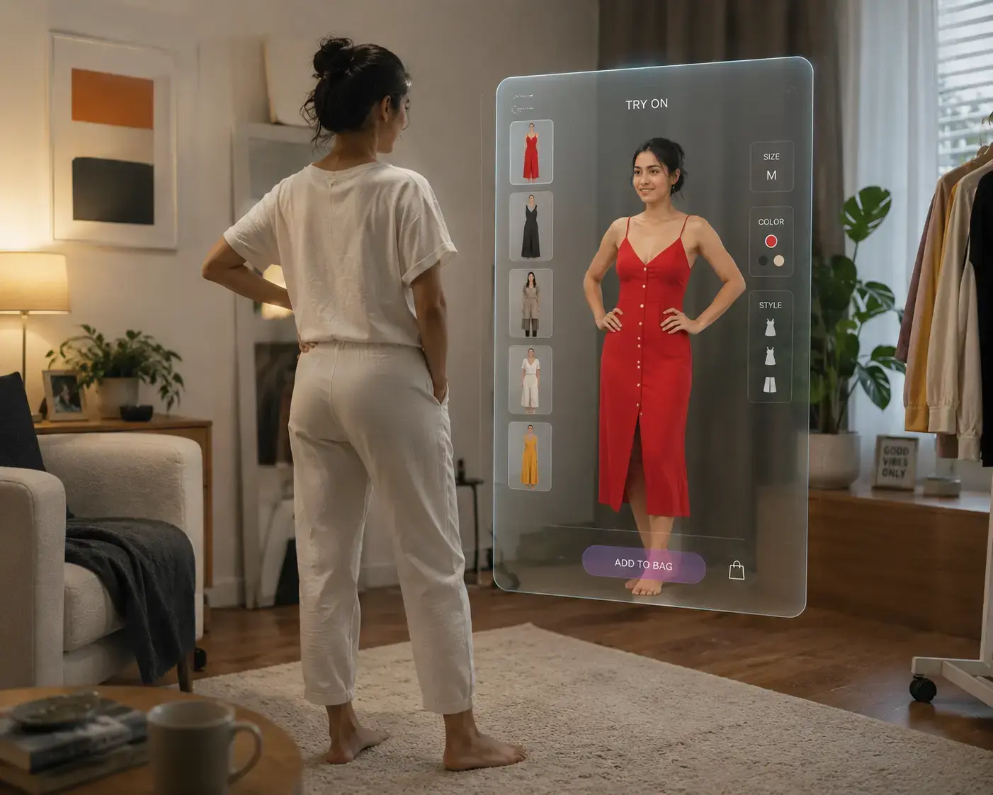 Woman shopping for a new dress in a futuristic interactive mirror sized screen 