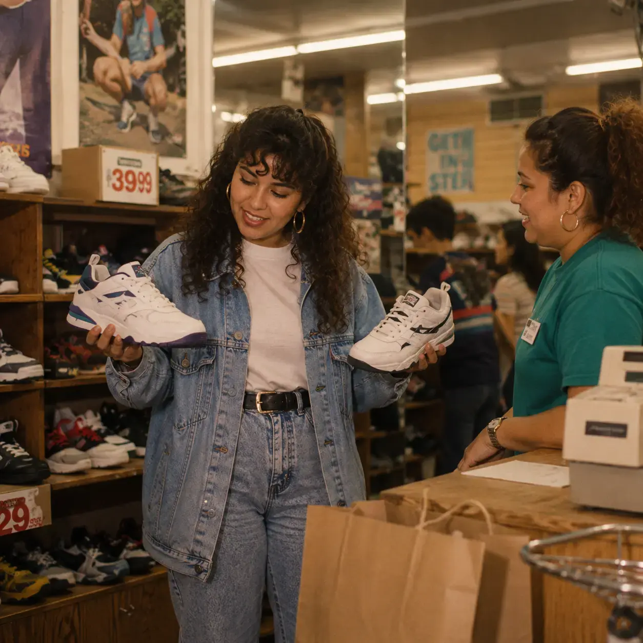 Woman shopping for trainers in the 90s