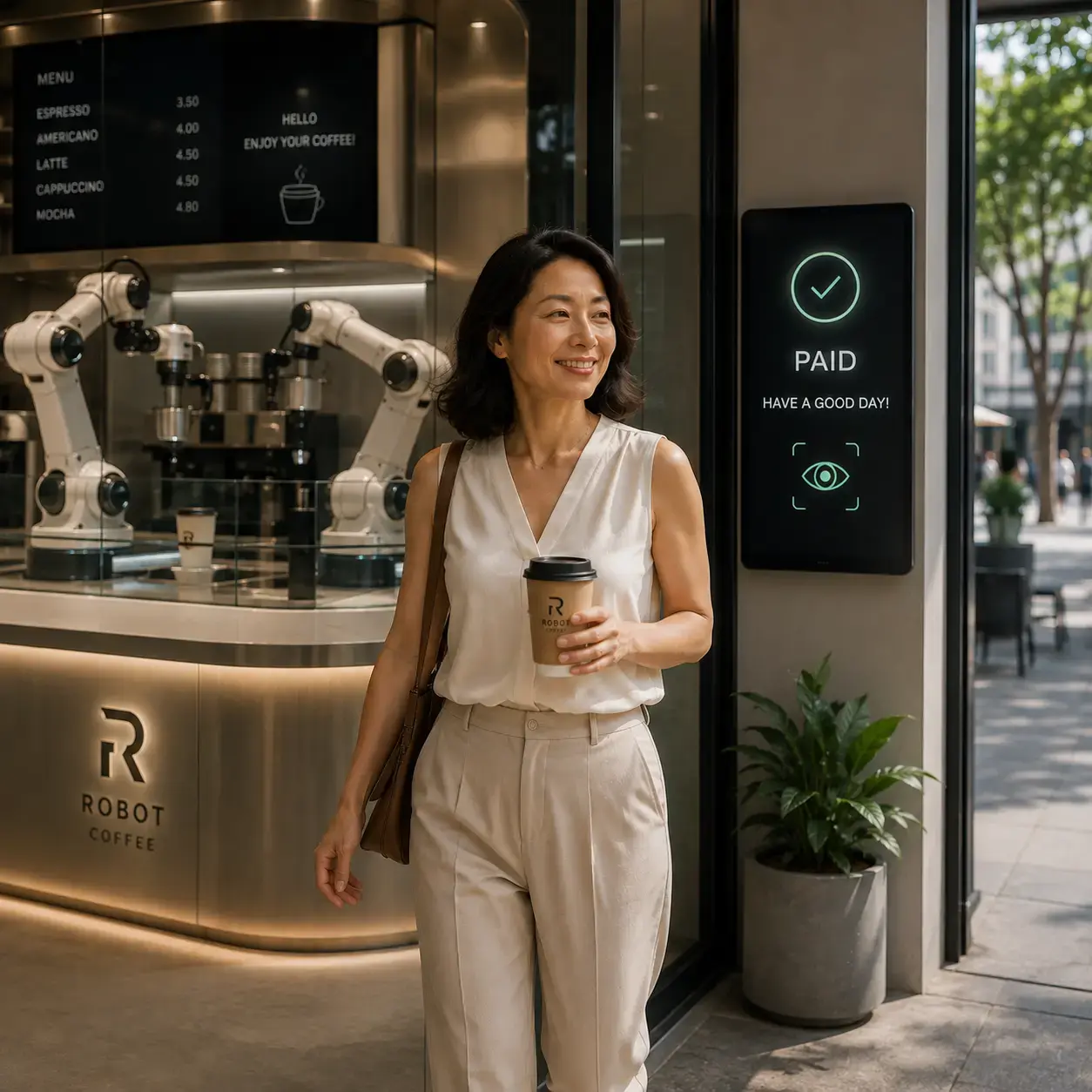 Person buying coffee from robot coffee shop