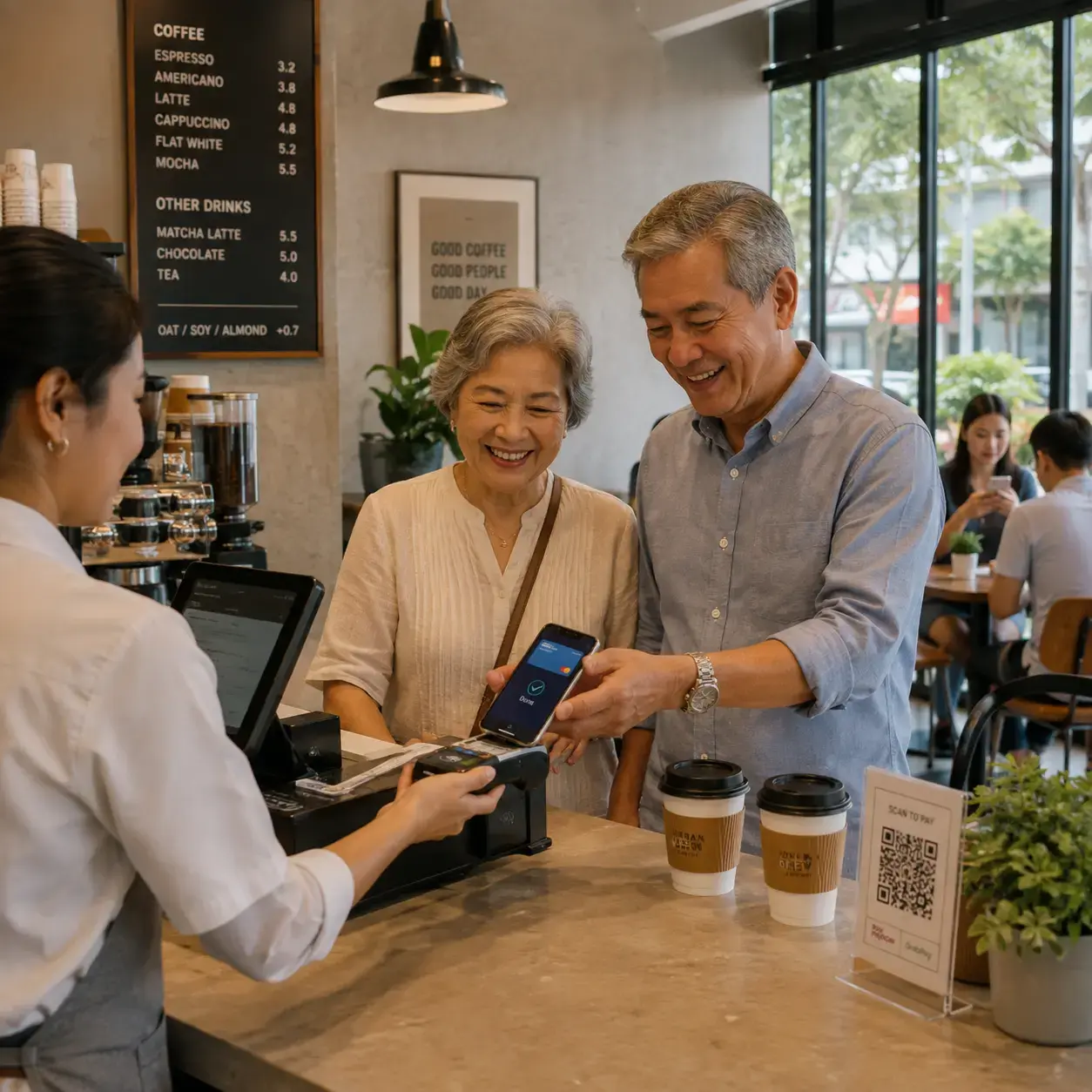 Couple making transaction at cafe