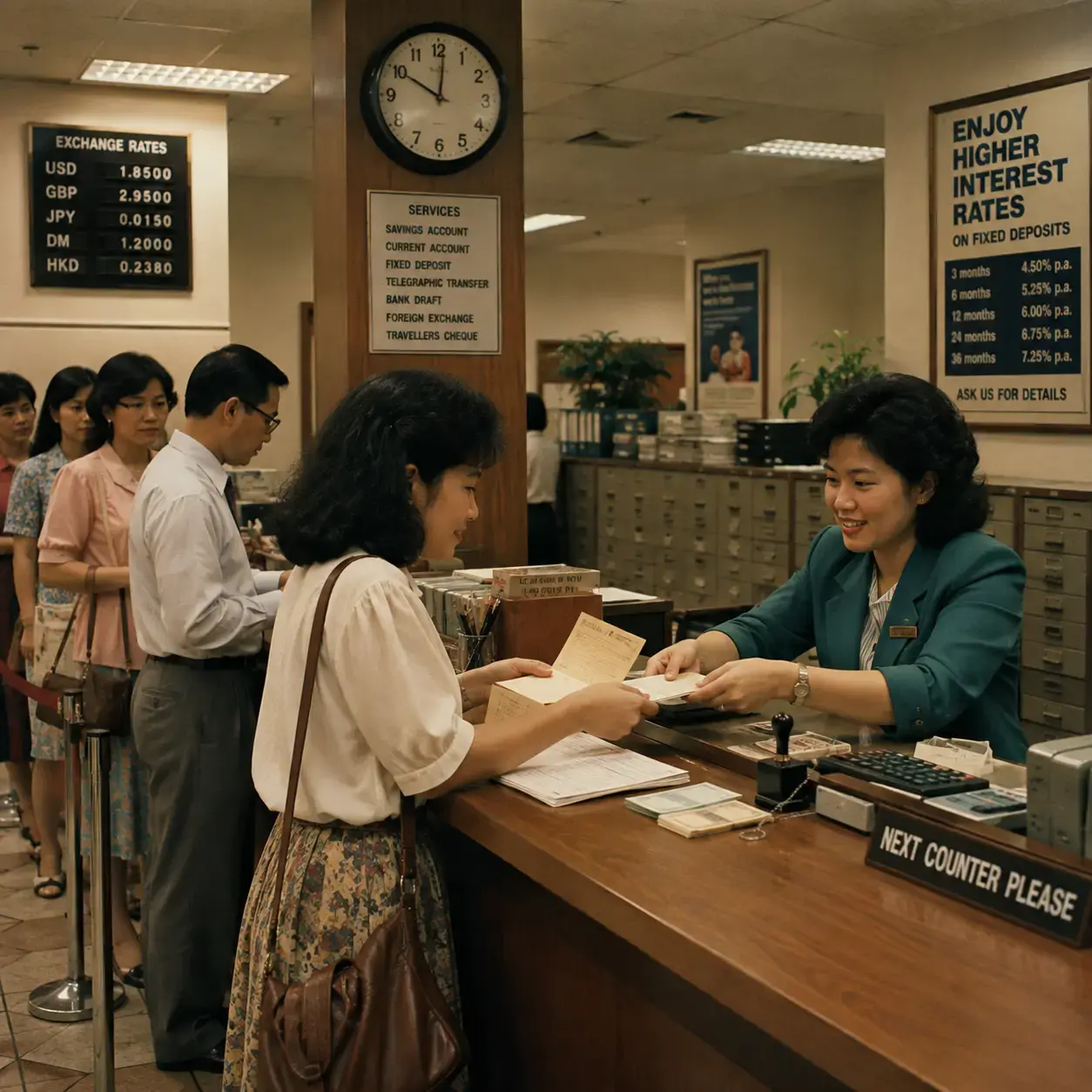 Women making transaction in the bank back in the 80s