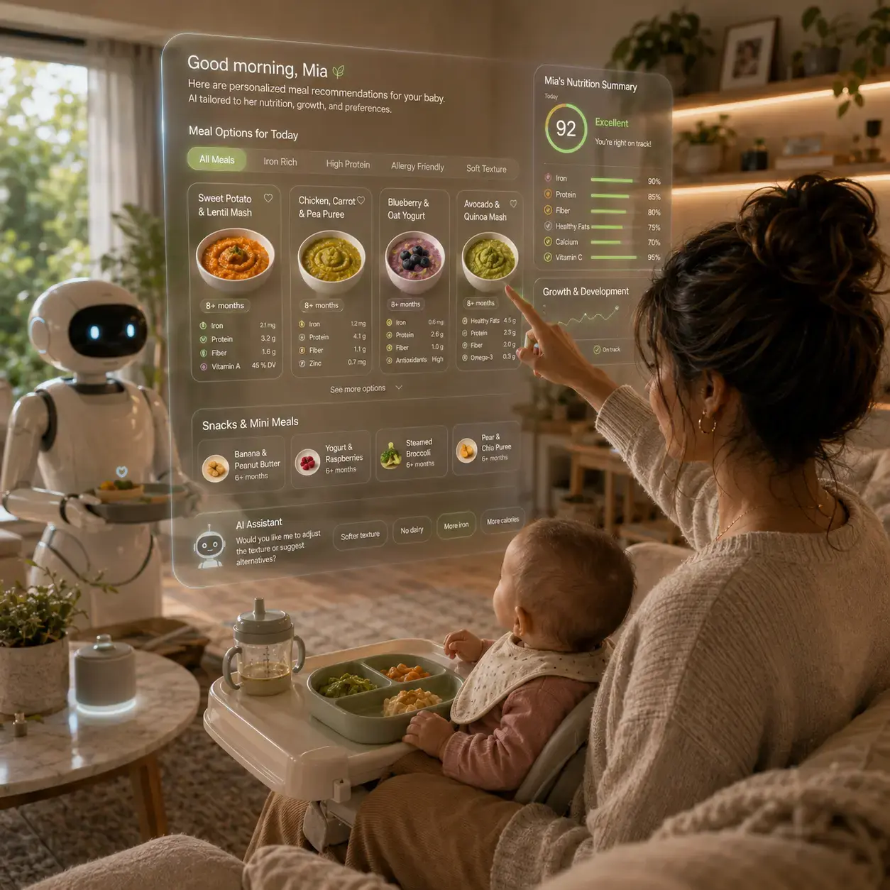 Woman holding baby andordering food from robot waiter