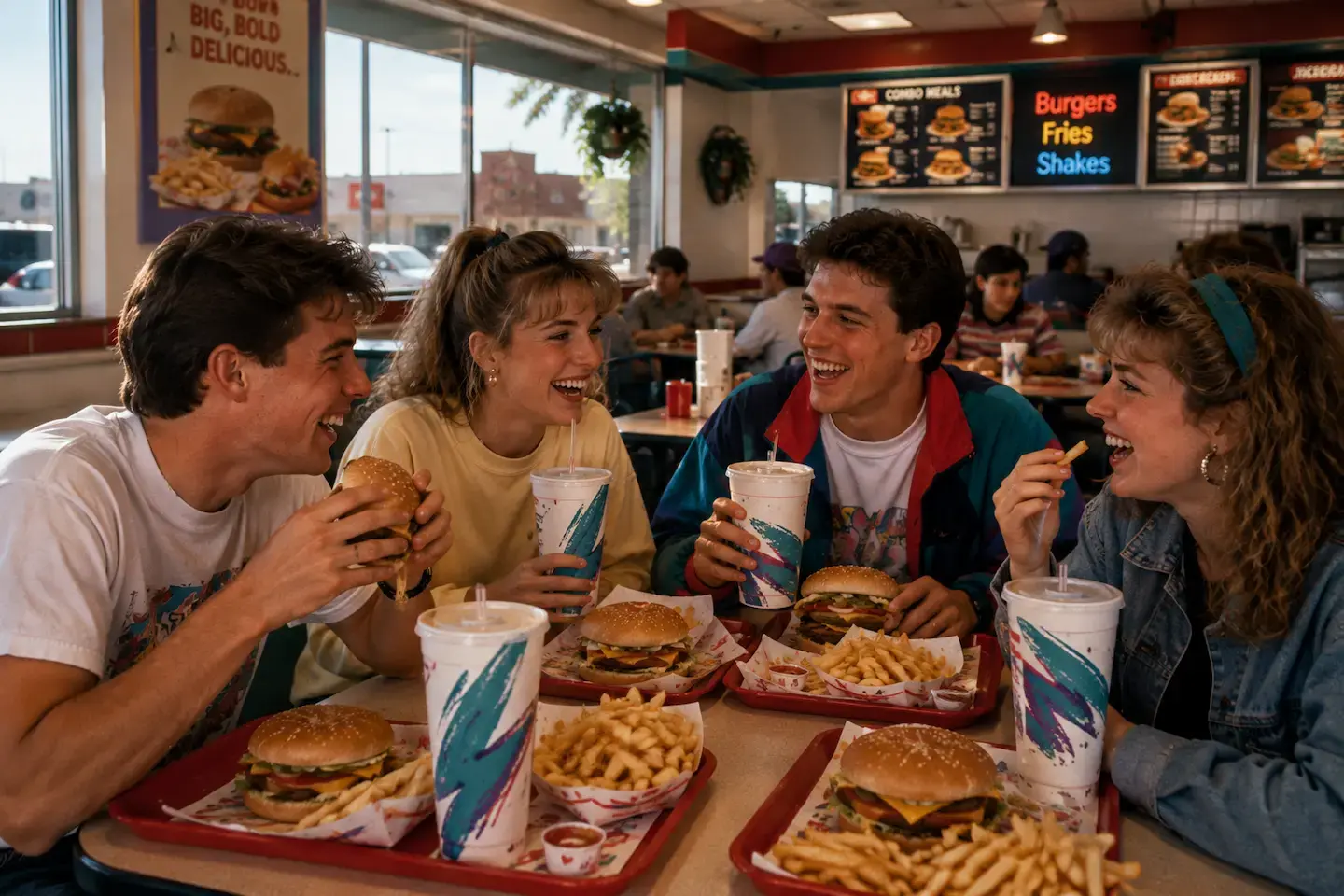 Group of friends eating at burger shop in the 90s