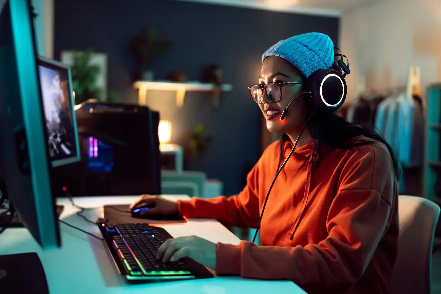 Teenage gaming with headset on