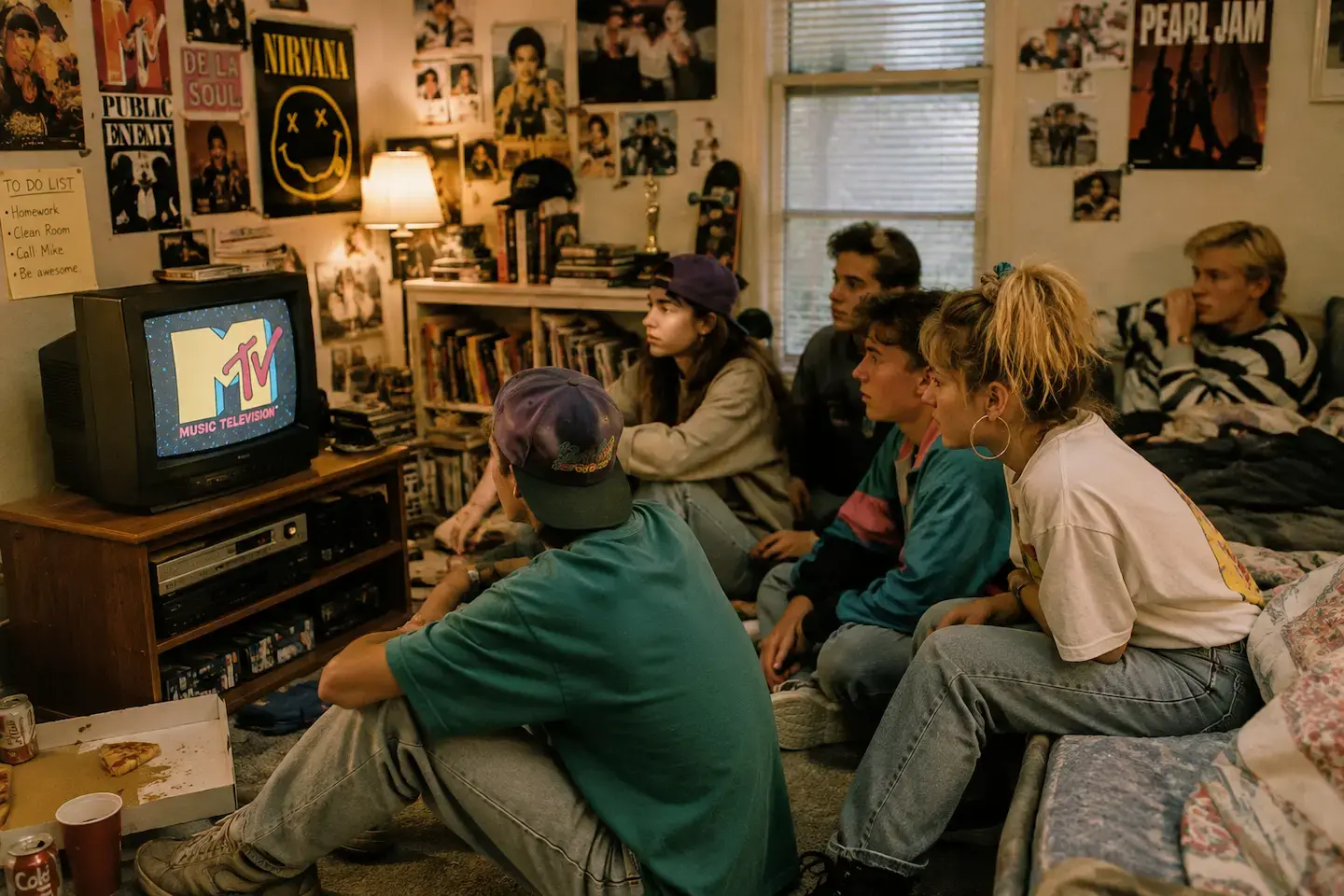 group of teenagers watching MTV in the 90s