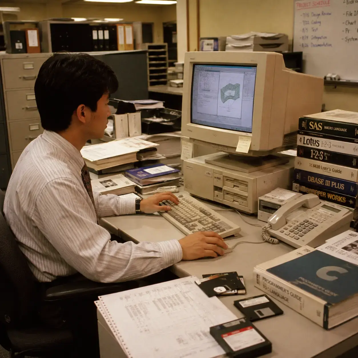 Man at computer in the 80s
