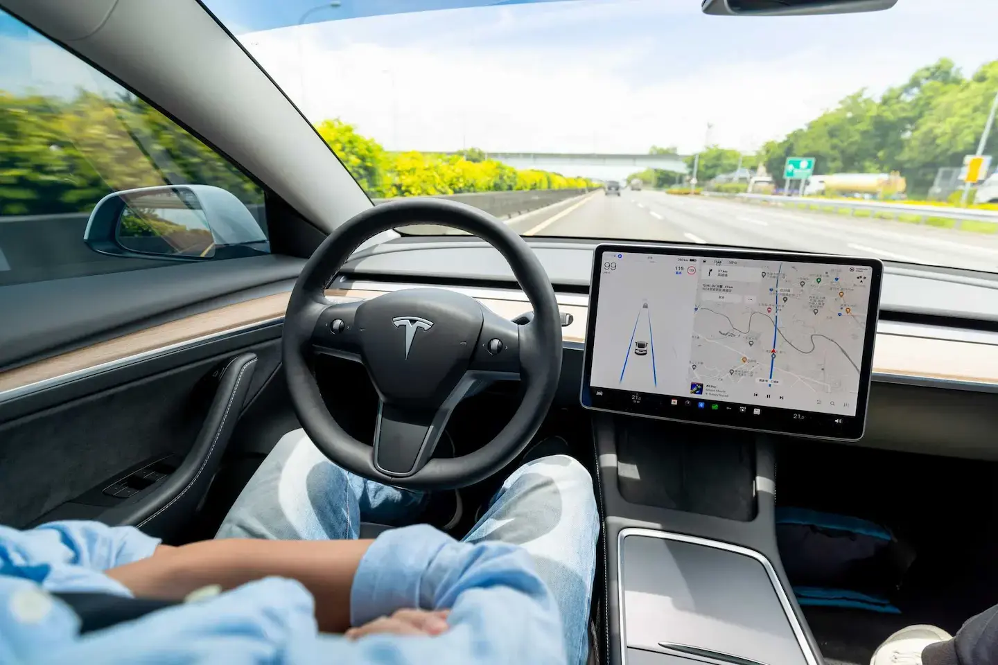 inside of car with person sat at stearing wheel and GPS